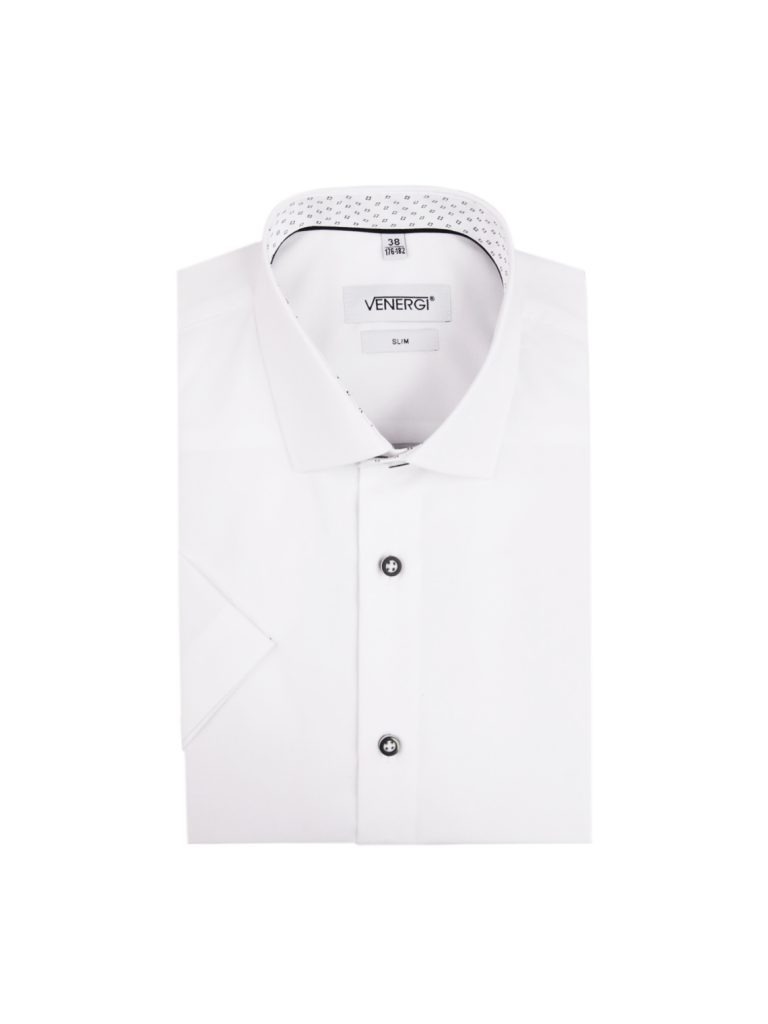 Biela pánska košeľa s krátkym rukávom a čiernobielymi gombíkmi
