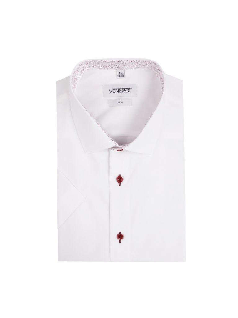 Biela pánska košeľa s krátkym rukávom a červenými gombíkmi