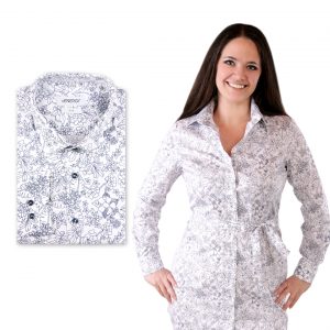 Biela pánska košeľa a dámske košeľové šaty s kvetinovým vzorom