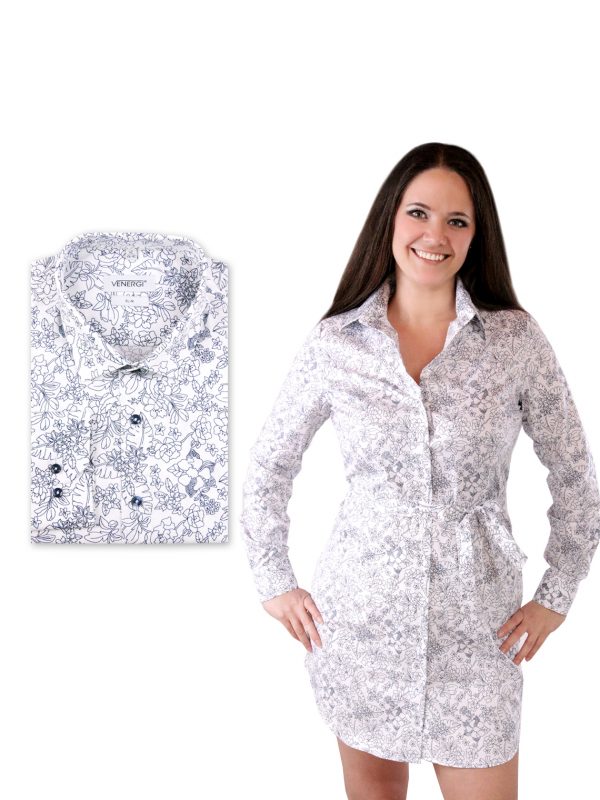 Biela pánska košeľa a dámske košeľové šaty s kvetinovým vzorom